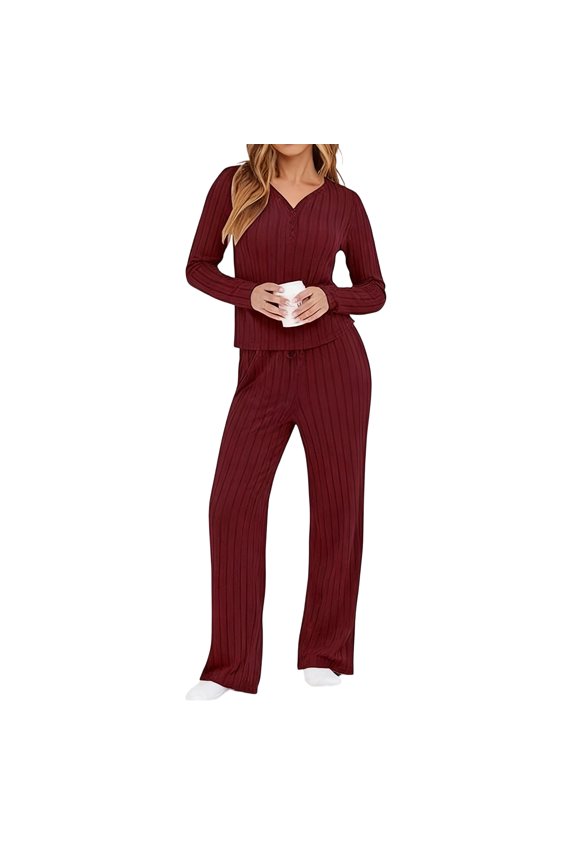 Sweatsuits Women 2 Piece Outfit Plus Size Casual Long Sleeve Sweatsuits Workout Thermal V Neck Sweatshirts and Wide Leg Pants 2 Piece Ribbed Knit Fall Loungewear Sets Woman, Wine S
