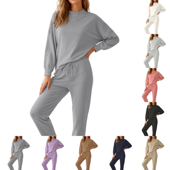 Kixjoy Sweatsuits Women 2 Piece Outfit Plus Size Wide Leg Pant 2 Piece Long Sleeve Workout Casual Sweatsuits Plain Thermal Fall Womens Clothing, Gray S