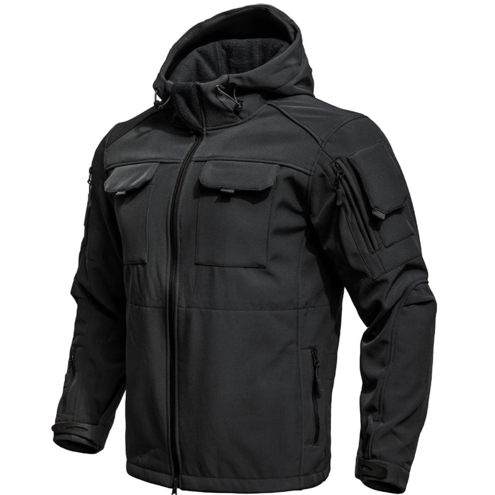 Kixjoy Tactical Jacket for Men Big and Tall Waterproof Hooded Jacket Long Sleeve Full Zip Fall Coats Warm Hiking Camo Mens Hoodies with Pockets, Black 3XL