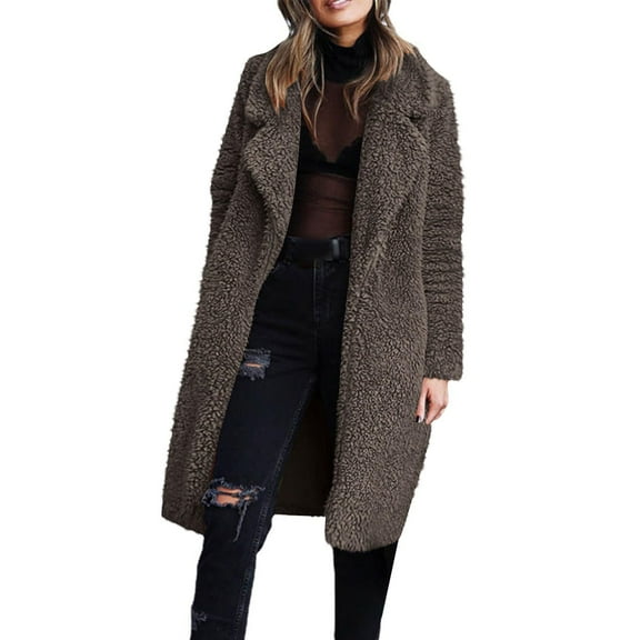 Kixjoy Teddy Coat for Women Plus Size Lapel Long Sleeve Open Front Coats Faux Fur Plain Plush Jacket Warm Casual Winter Cardigan for Women, Dark Gray L