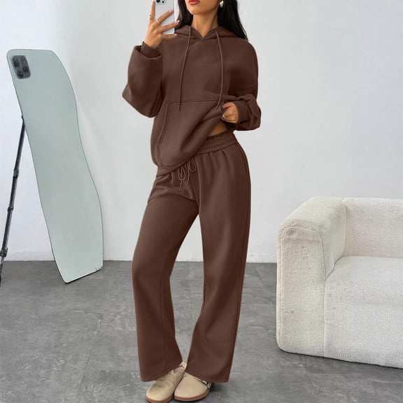 Kixjoy Track Suits for Women Set Oversized Fashion Long Sleeve Sweatsuit Workout Thermal Wide Leg Pant 2 Piece Plain Winter Outfits for Women with pockets, Coffee M