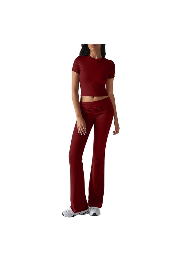 Track Suits for Women Set Plus Size Casual Short Sleeve Sweatsuits Athletic Soft Wide Leg Pant Sets Plain Spring Loungewear Sets Woman, Wine XL