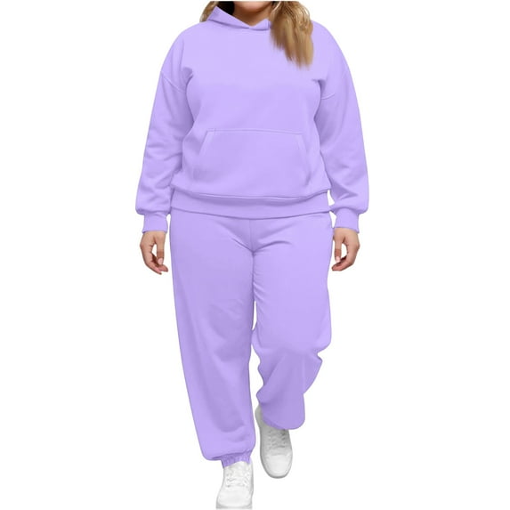 Kixjoy Tracksuit Set for Women Plus Size Casual Women's Sweatsuits Jogging Fleece Winter Drawstring Hoodie Sweatpants 2 Piece Set Running Athletic Women's Tracksuits with Pockets, Light Purple M