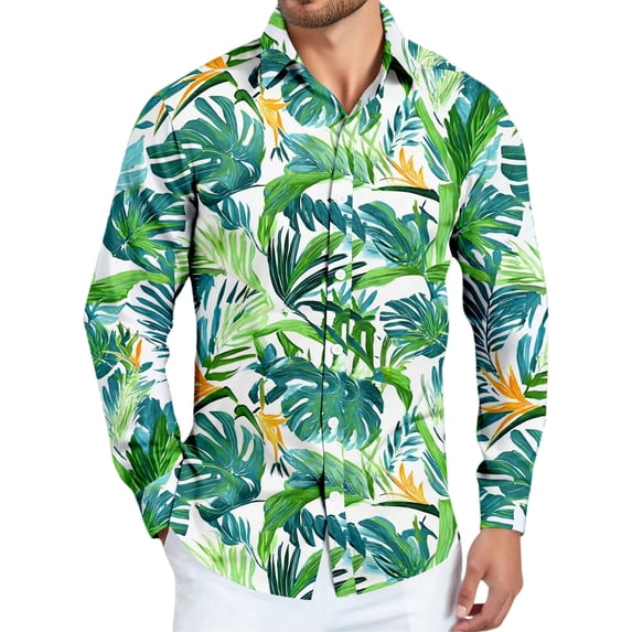 Kixjoy Tropical Shirts for Men Big and Tall Long Sleeve Button Down Shirts Loose Fit Beach Stretch Collared Shirts Summer Casual Lightweight Blouse for Men, Army Green XL