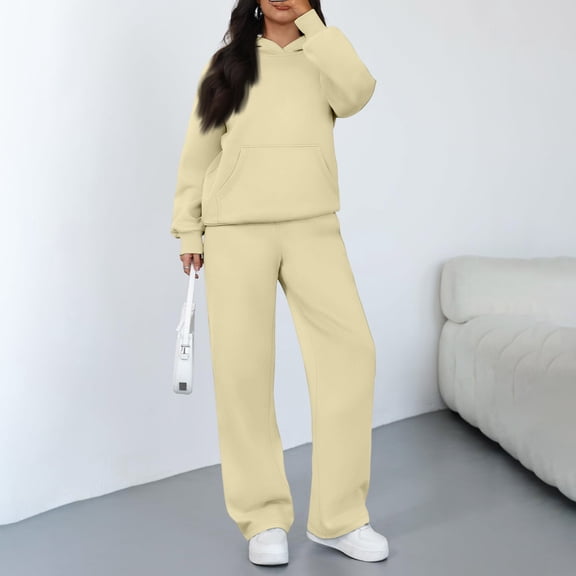 Kixjoy Two Piece Sets for Women Plus Size Wide Leg Pant 2 Piece Long Sleeve Athletic Fashion Sweatsuit Plain Thermal Fall Womens Clothing with pockets, Beige L