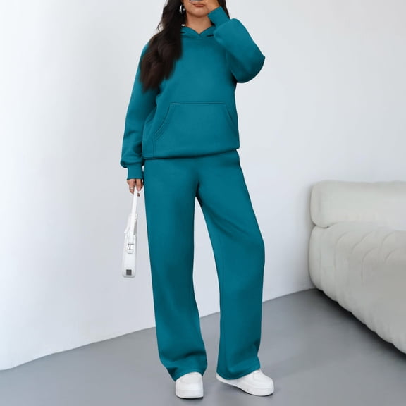 Kixjoy Two Piece Sets for Women Plus Size Wide Leg Pant 2 Piece Long Sleeve Athletic Fashion Sweatsuit Plain Warm Winter Womens Clothing with pockets, Cyan L