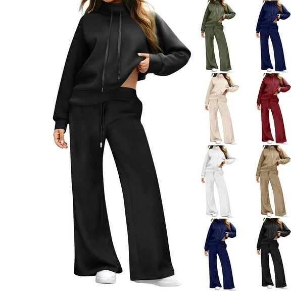 Kixjoy Two Piece Sets for Women Plus Size Casual Long Sleeve Sweatsuit Athletic Warm Wide Leg Pant Sets Plain Winter Womens Clothing, Black XL
