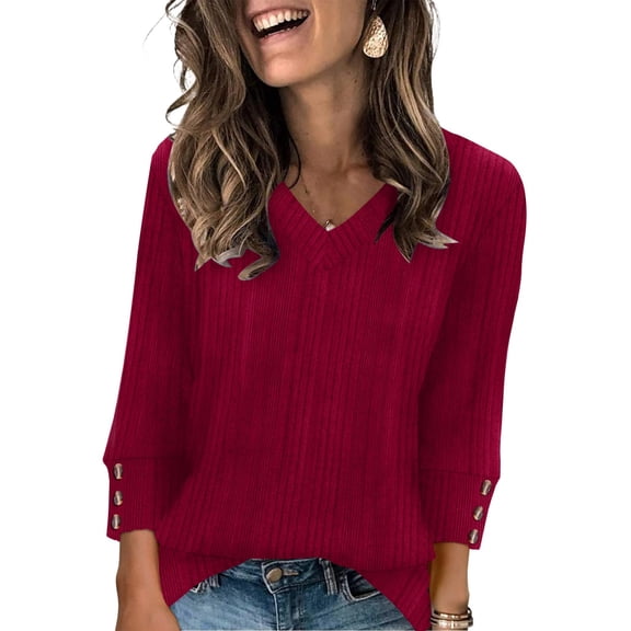 Kixjoy V Neck 3/4 Sleeve Shirts for Women 3/4 Sleeve Plus Size Button Down Shirts Winter Casual Lightweight Tunic Top Trendy Work Loose Fit Women's Clothing, Wine XXL