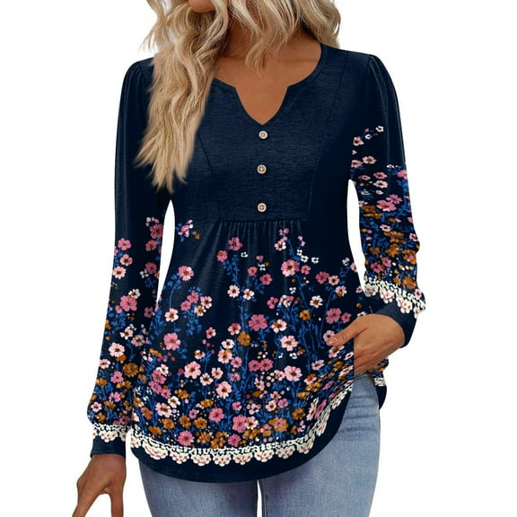 Kixjoy V Neck Long Sleeve Shirts for Women Long Sleeve Oversized Button Down Shirts Fall Casual Lightweight Tunic Top Trendy Work Floral Print Women Clothing, Navy XL