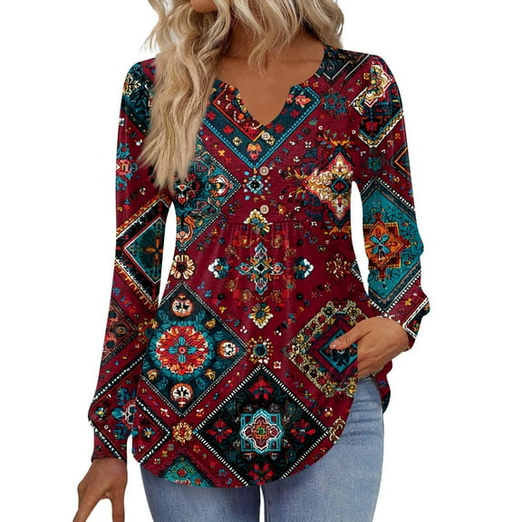 Kixjoy V Neck Shirts for Women Long Sleeve Oversized Button Down Shirts Fall Casual Lightweight Tunic Top Fashion Travel Floral Print Women Clothing, Wine XXL