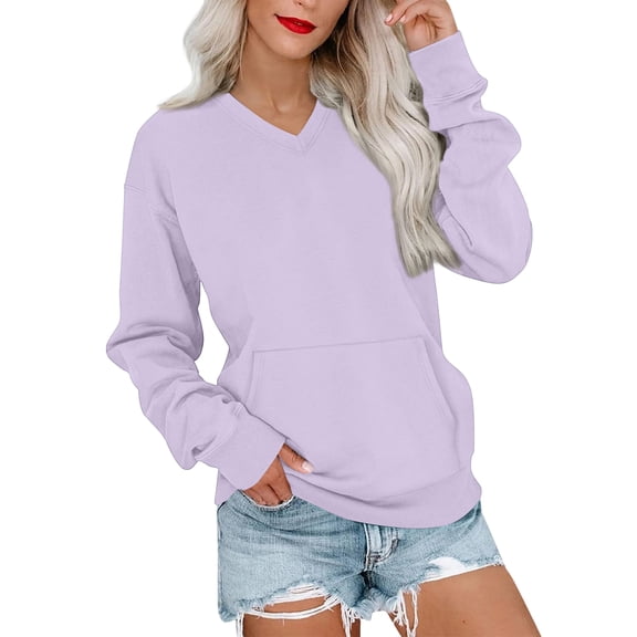 Kixjoy V Neck Shirts for Women Lounge Long Sleeve Sweatshirt with Pockets, Baggy Thermal Pullover Basic Trendy Lightweight Women's Fashion Hoodies & Sweatshirts, Purple Pink L