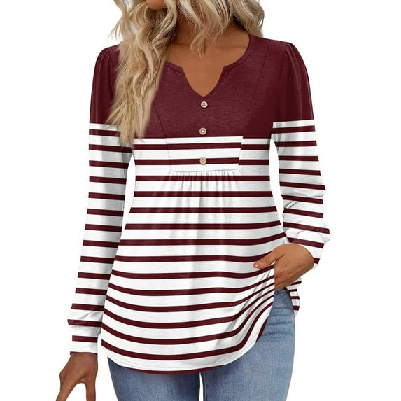 Kixjoy V Neck Shirts for Women Oversized Long Sleeve Button Down Shirts Casual Work Lightweight Tunic Tops Trendy Fall Geometric Print Outfits for Women, Wine M
