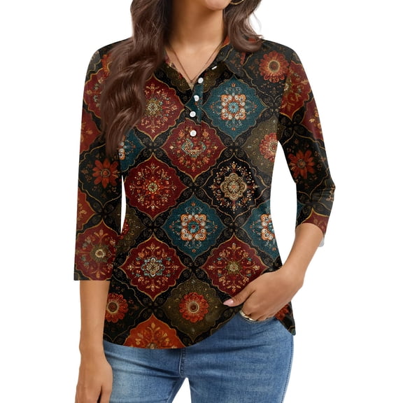 Kixjoy V Neck Sweatshirt Women Button Down Fashion 3/4 Sleeve Sweatshirts Loose Fit Plus Size Floral Print Tops Casual Winter Blouses for Women, Wine XL