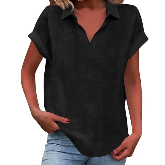 Kixjoy V Neck T Shirts for Women Casual Short Sleeve Henley Tops Fashion Plus Size Holiday Shirt Soft Summer Basic Women's Clothing, Black S