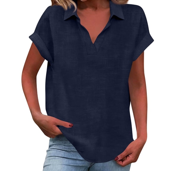 Kixjoy V Neck T Shirts for Women Lounge Short Sleeve Henley Top Trendy Plus Size Holiday Blouse Soft Collared Basic Womens Clothes, Navy M