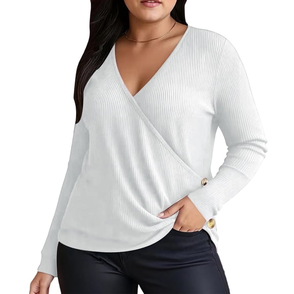 Kixjoy V Neck Top Women Plus Size Casual Long Sleeve Tops Cross Wrap Lightweight Plain T Shirts Fashion Fall Blouses for Women, White 4XL