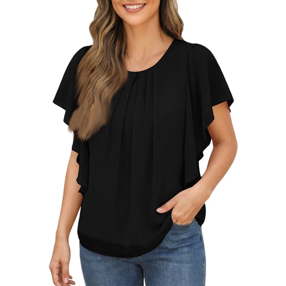 Kixjoy V Neck Tops for Women Trendy Fashion Puff Sleeve Shirts Tunic Lightweight Basic Shirts Casual Summer Womens Tops, Black L