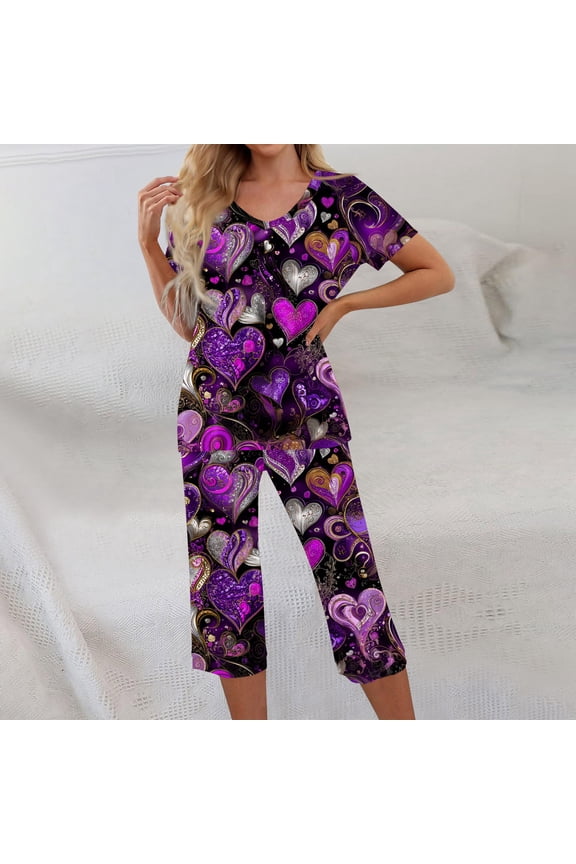 Valentines Capris Sets Women 2 Piece Outfits Sweatsuits Short Sleeve Casual Fall Tops and Capris Classic Plus Size Loose Fit Outfits for Women with Pockets, Purple S