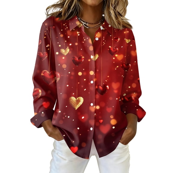 Kixjoy Valentines Day Outfit Women Fashion Button Down Collared Shirt Long Sleeve Plus Size Lounge Tunic Tops Lightweight Work Womens Tops, Red 2XL