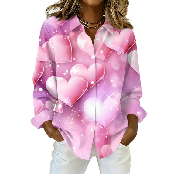 Kixjoy Valentines Day Outfit Women Long Sleeve Button Down Collared Shirt Valentine Lightweight Lounge Tunic Top Work Soft Womens Tops, Light Purple L