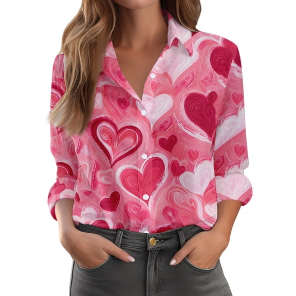 Kixjoy Valentines Tops for Women Trendy Button Down Collared Shirt Long Sleeve Soft Casual Blouse Lightweight Dressy Womens Blouses, Hot Pink XL