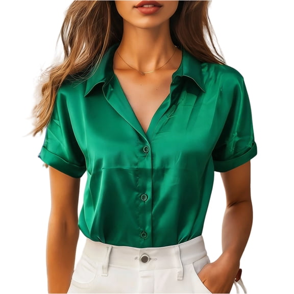 Kixjoy Velvet Shirt Women Short Sleeve Elegant Collared Tops Soft Dressy Soild Blouses Office Casual Summer Button Down Shirts for Women, Green L