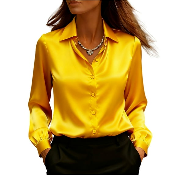 Kixjoy Velvet Tops for Women Long Sleeve Elegant Collared Tops Soft Dressy Soild Blouse Office Casual Fall Womens Tops, Yellow S