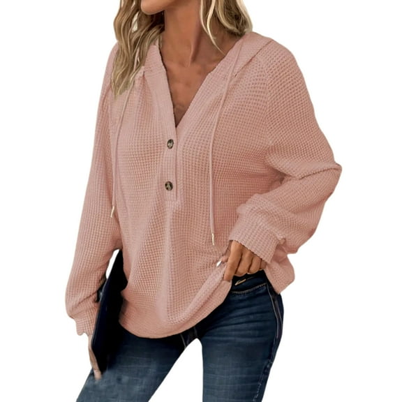 Kixjoy Waffle Knit Tops for Women Button Down V Neck Long Sleeve Hoodies Plus Size Fashion Drawstring Winter Sweatshirts Lightweight Soild Baggy Hoodies for Women Trendy, Pink M