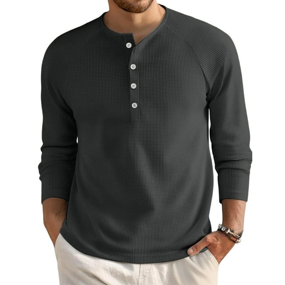 Kixjoy Waffle Long Sleeve Shirts Men Big and Tall Baggy Henley Shirts Fashion Warm Button Down Tees Soild Casual Lightweight Mens T-Shirts, Black 2XL