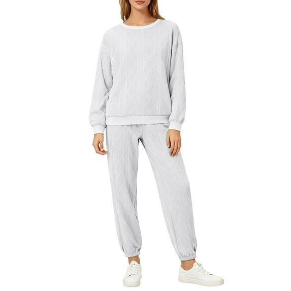 Kixjoy White Sweat Suits for Womens 2 Piece Oversized Fashion Long Sleeve Sweatsuit Athletic Thermal Cuffed Pant 2 Piece Basic Fall Womens Clothing, White M