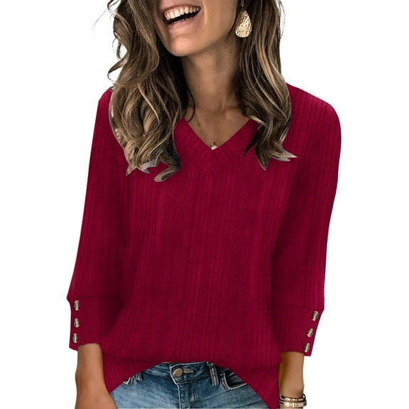 Kixjoy Wine 3/4 Sleeve Shirts for Women V Neck Plus Size Button Down Sweaters Casual Winter Lightweight Tunic Tops Trendy Travel Loose Fit Women Clothing, Wine L