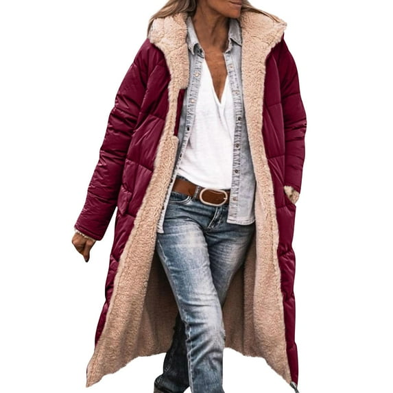 Kixjoy Wine Fleece Jacket Women Long Sleeve Thick Fall Puffer Jackets Fleece Full Zip Oversized Coat Fashion Heavyweight Hooded Outerwear with Pockets, Wine 3XL