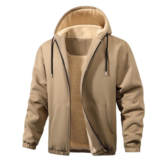 Kixjoy Winter Coats for Men Oversized Zip Up Sherpa Lined Jacket Casual Thicken Winter Hooded Down Jacket Cozy Warm Loose Fit Raincoat for Men with Pockets, Khaki S