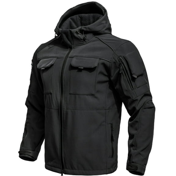Kixjoy Winter Jackets for Men Big and Tall Waterproof Hooded Jackets Long Sleeve Zip Up Winter Coat Warm Hiking Camo Windbreaker Jackets for Men with Pockets, Black M