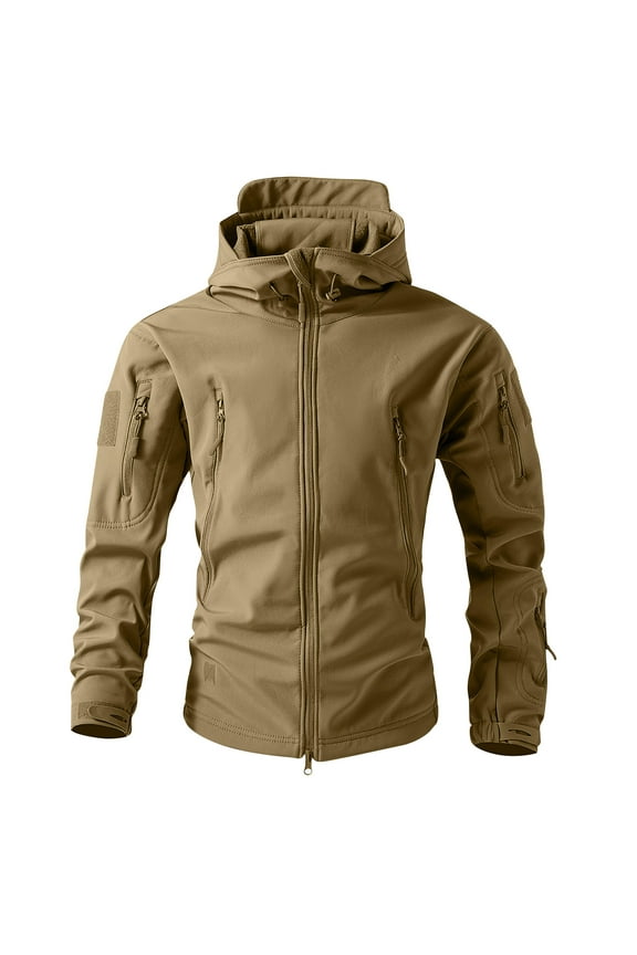 Winter Jackets for Men Long Sleeve Waterproof Hooded Jacket Big and Tall Zip Up Fall Coat Hiking Camo Thermal Mens Hoodies with Pockets, Khaki 4XL