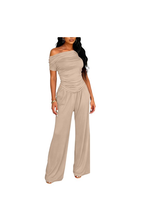 Women 2 Piece Outfits Sets Off Shoulder Fashion High Waisted Sweatsuits Workout Soft Boat Neck Tops and Pants 2 Piece Plain Fall Womens Clothing, Khaki L