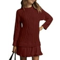 thumbnail image 1 of Kixjoy Women Cable Knit Sweater Dress Long Sleeve Thermal Crewneck Sweaters Soild Fashion Mini Dress Casual Patchwork Pleated Winter Mini Dresses, Wine L, 1 of 6