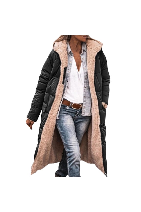 Women Fleece Long Coat Long Length Sleeve Thermal Fall Puffer Jacket Fleece Zip Up Plus Size Coats Fashion Heavyweight Hooded Outerwear with Pockets, Black XL
