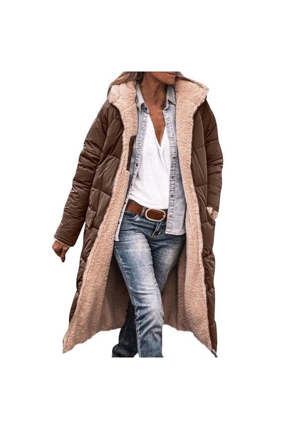 Women Fleece Long Coat Long Length Sleeve Thick Winter Puffer Jackets Fleece Full Zip Oversized Coats Trendy Heavyweight Hooded Outerwear with Pockets, Coffee S