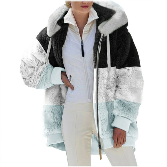 Kixjoy Women Fleece Long Coat Long Sleeve Thermal Winter Puffer Jacket Fleece Zip Up Plus Size Coat Trendy Loose Fit Hooded Cardigan with Pockets, Light Blue 3XL