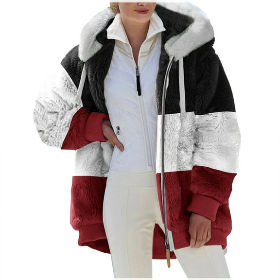 Kixjoy Women Fleece Long Coat Long Sleeve Warm Fall Puffer Jackets Fleece Full Zip Oversized Coats Trendy Loose Fit Hooded Cardigan with Pockets, Red 3XL