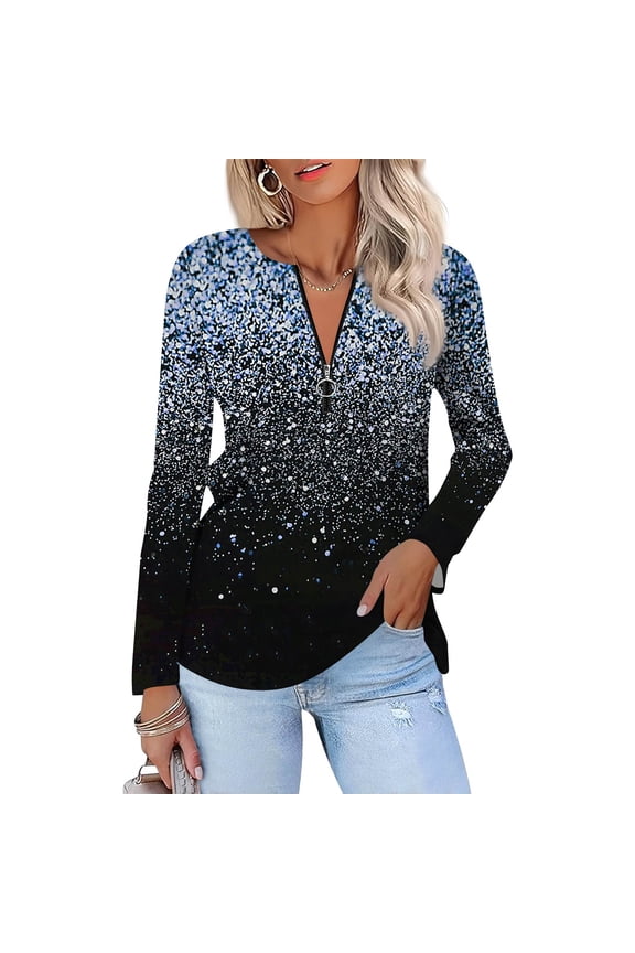Women Long Sleeve Tops 1/4 Zip V Neck Tunic Top Sequin Casual Winter Shirts Fashion Regular Lightweight Pullover Sweaters for Women, Blue XL