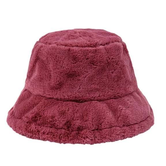 Kixjoy Women Plush Fluffy Bucket Hat – Faux Fur Winter Lining Cozy Wide Brim,Red