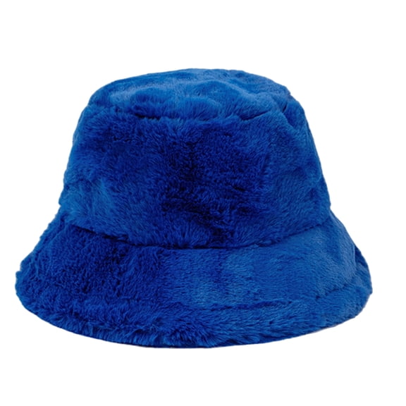 Kixjoy Women Plush Fluffy Bucket Hat – Warm Lining Faux Fur Winter Cozy Wide Brim,Royal Blue