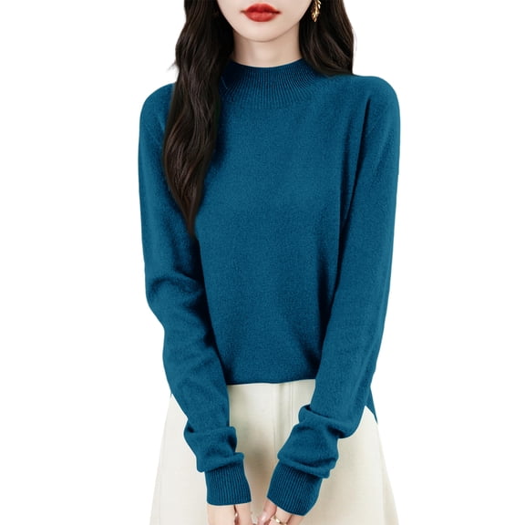 Kixjoy Women Sweaters Long Sleeve Mock Turtleneck Knit Sweaters Fleece Casual Lightweight Fall Tops Soild Soft Loose Fit Blouses for Women, Dark Blue L