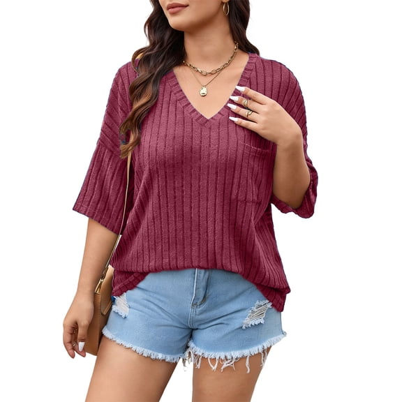 Kixjoy Women's Blouses Oversized Short Sleeve V Neck Shirt Fashion Soild Loose Fit Blouse Business Casual Summer Womens Clothes, Wine 3XL