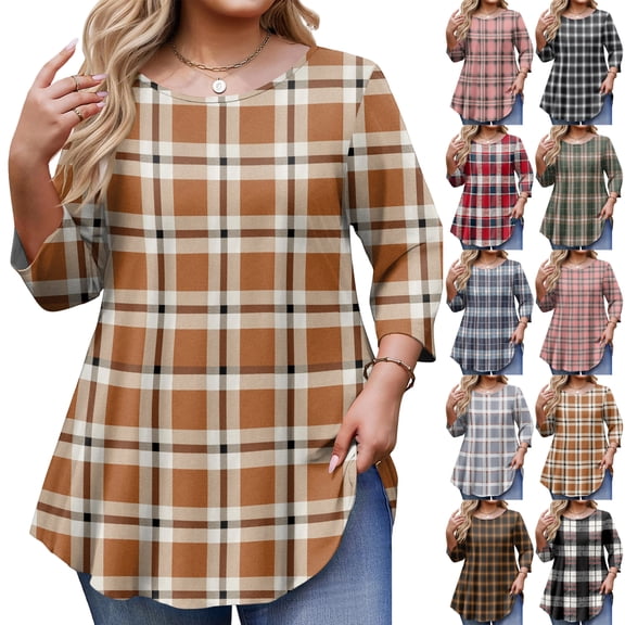 Kixjoy Women's Blouses Plus Size 3/4 Sleeve Crewneck Shirt Fashion Soild Loose Fit Tunic Tops Work Casual Summer Blouses for Women, Khaki 4XL