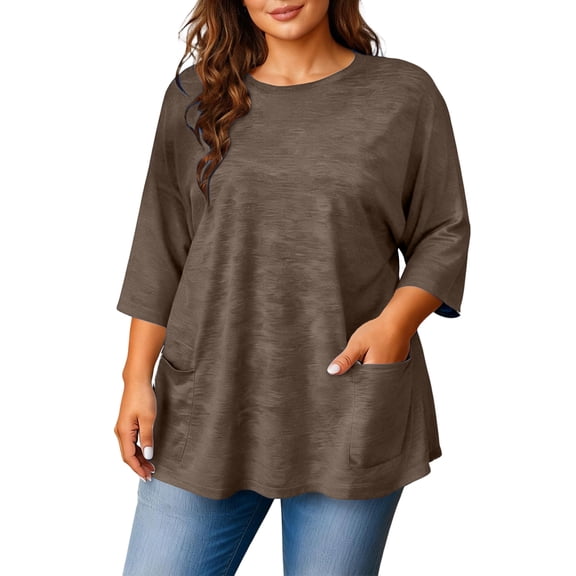 Kixjoy Women's Brown Blouses Plus Size 3/4 Sleeve Crew Neck Shirt Casual Basic Baggy Blouse Work Fashion Summer Shirts for Women, Coffee XL