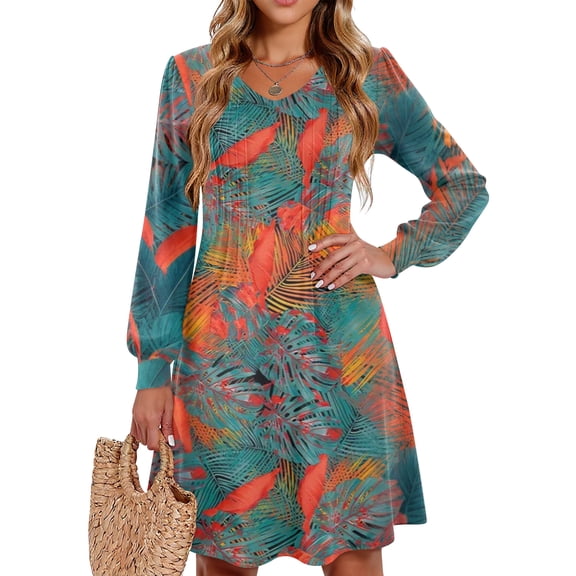 Kixjoy Women's Dresses Casual Long Sleeve Tunic Dress Floral Print Pleated Cozy V Neck Dresses A Line Lightweight Winter Outfits for Women, Blue XL