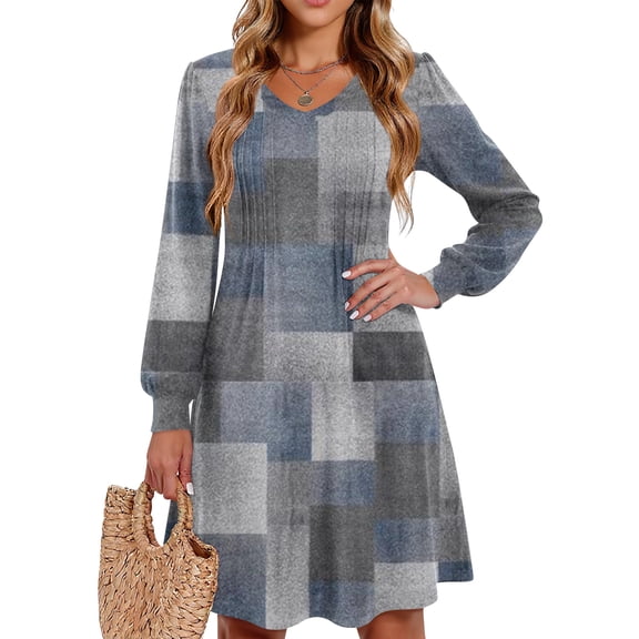 Kixjoy Women's Dresses Casual Long Sleeve Tunic Dresses Floral Print Pleated Soft V Neck Dress A Line Lightweight Fall Clothes for Women, Dark Gray XXL